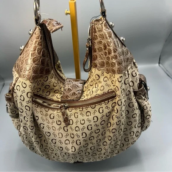 Vintage Guess  Beige & Brown Logo Hobo with Croc-Embossed Trim - Picture 2 of 16